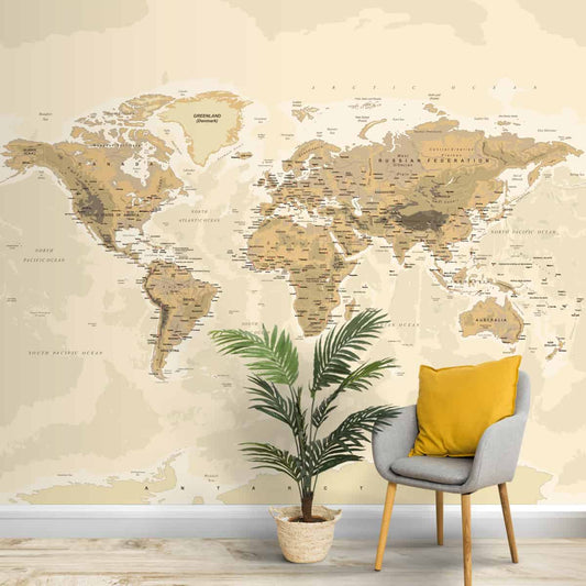 Vintage World Map, Beige and Brown Colors, Wall Wallpaper, Customised