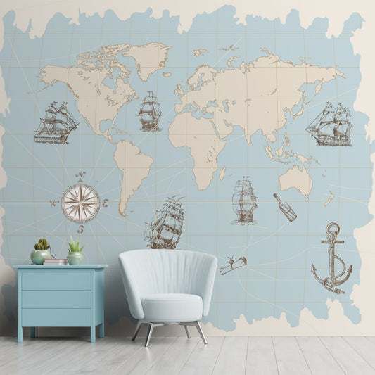 Vintage Style Nautical World Map, Blue Wallpaper, Customised