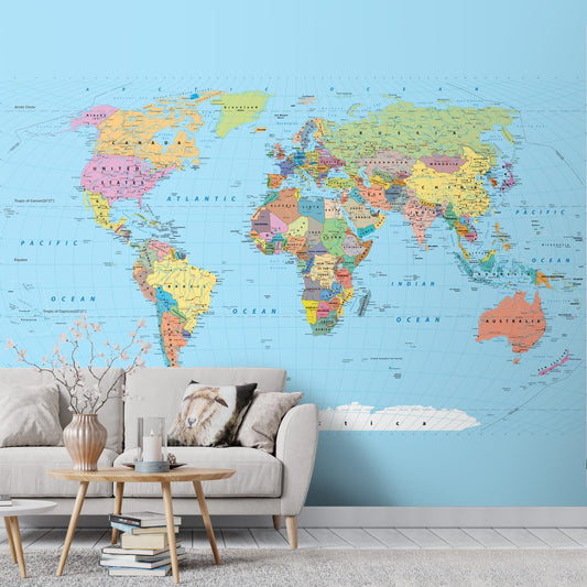 Detailed World Map for Walls, Political Blue Worldmap for Rooms