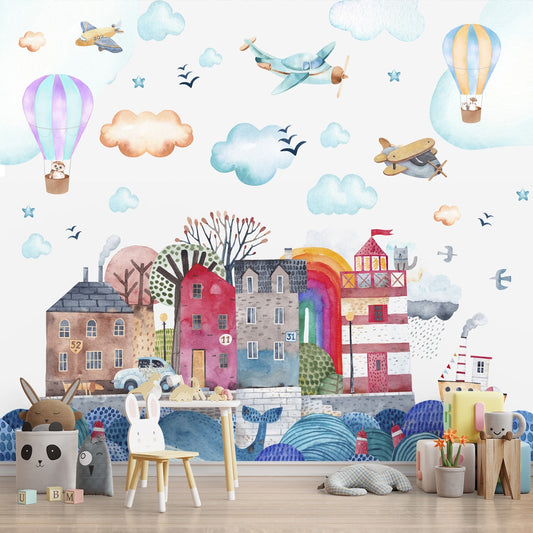 Cute Island Houses with Balloons and Planes, Customised Wallpaper