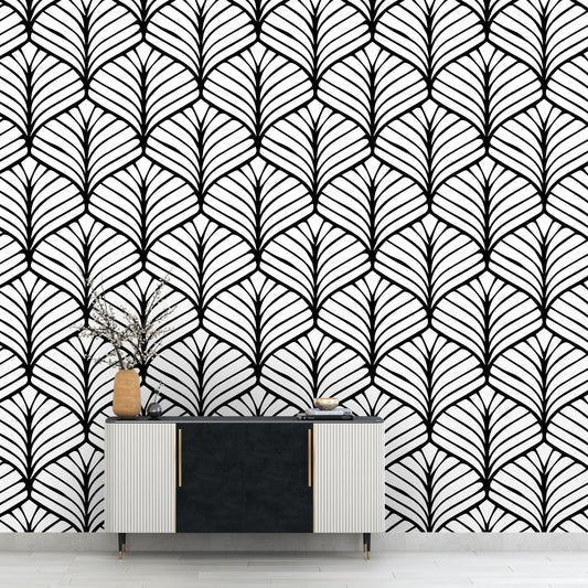 Black and White Japanese Leaves Motif Wallpaper