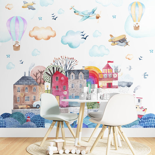 Cute Island Houses with Balloons and Planes, Customised Wallpaper