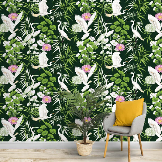 Tropical Plants and Flowers and Birds. Seamless Pattern, Customized Wallpaper