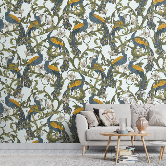 Seamless Tropical Pattern with Peacocks Customised Wallpaper.