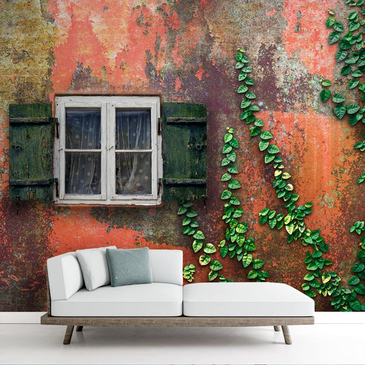 Vintage Wall with Green Creeper, 3D Wallpaper for Rooms