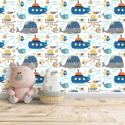 Cute Underwater Theme Wallpaper with Whale and Ships, Customised