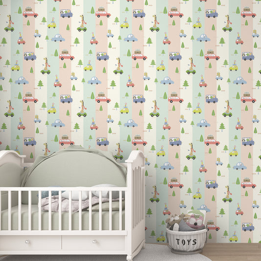 Animal Explorers on Wheels, Adorable Wallpaper Design for Kids, Stripes