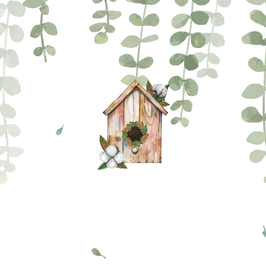 Bird House in Hanging Leaves Pattern Wallpaper, Customised