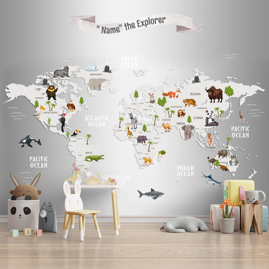 3D Grey Map Design Wallpaper for Kids Room with Animals