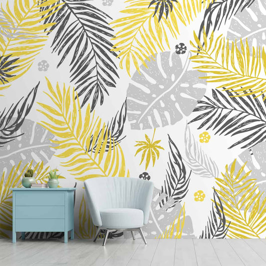 Yellow & Grey Tropical Leaves , Room Wallpaper