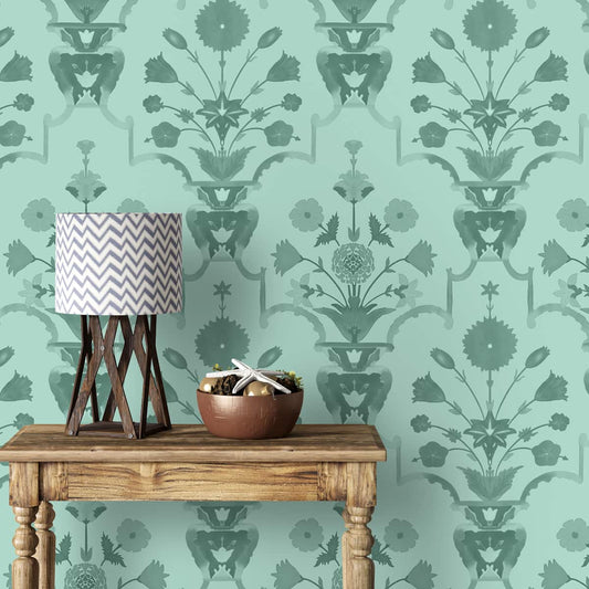 Premium Green Mughal Pattern Design Wallpaper, Customised