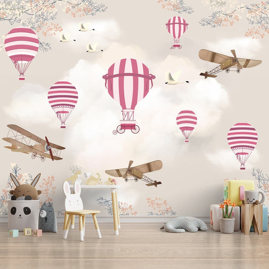 Hot Air Balloons with Gliders Wallpaper for Kids Room Wall, Pink, Customised