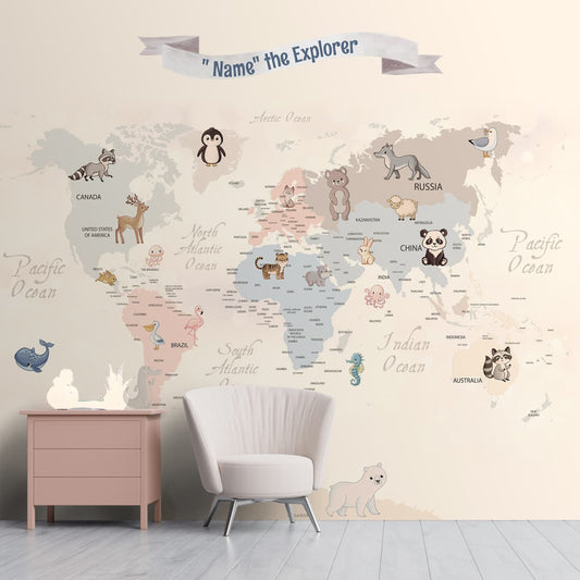 Light Brown Map Design Wallpaper for Kids Room with Animals, Personalised