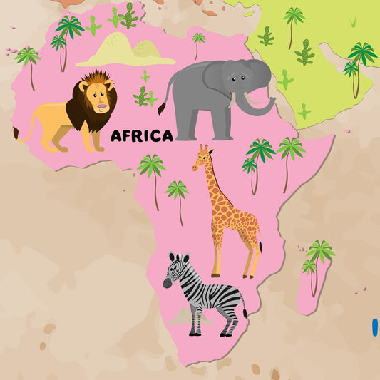 Colourful Animals Theme Kids Room World Map Wallpaper