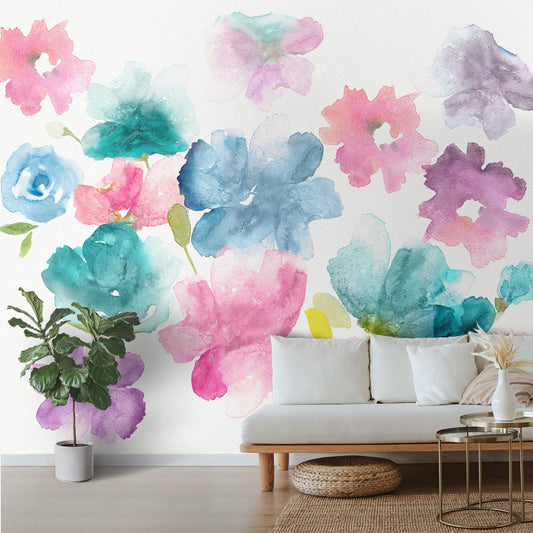 Big Flowers in Water Color Painted Style, Room Wallpaper, Customised