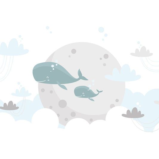 Whales in Fairy Land Setting, Cute Nursery Room Wallpaper