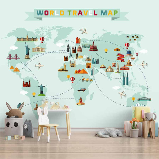 Monuments World Map Design, Light Green Background