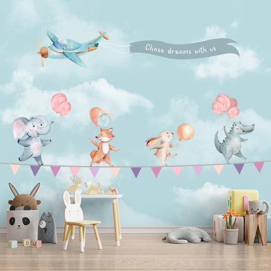 Animals with Balloon on Rope, Kids Room Wallpaper, Customised