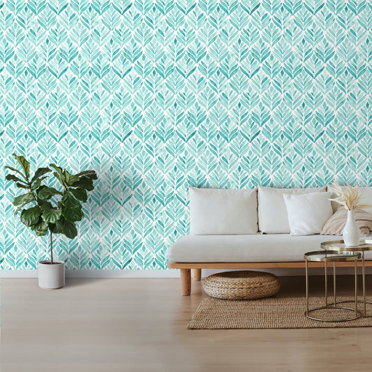 Pastel Green Leaves Pattern Design Wallpaper for Walls, Customised