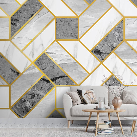 Golden Stripes with White Marble Texture Design Wallpaper, Customised