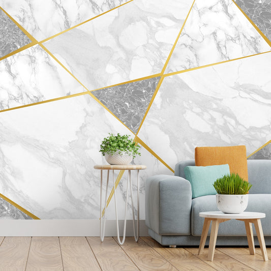 Golden Strips with Natural Marble Wall Wallpaper, Customised