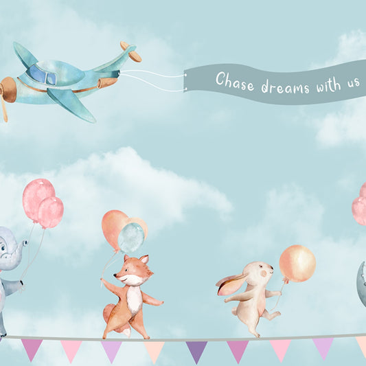 Animals with Balloon on Rope, Kids Room Wallpaper, Customised