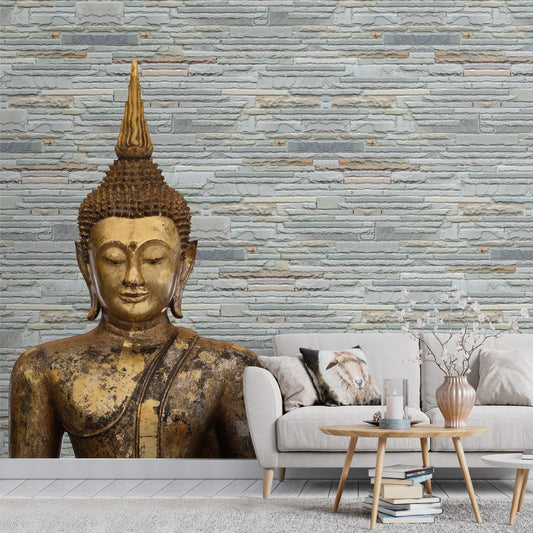 Bronze Buddha on Slate Background Wallpaper for Room Walls, Customised