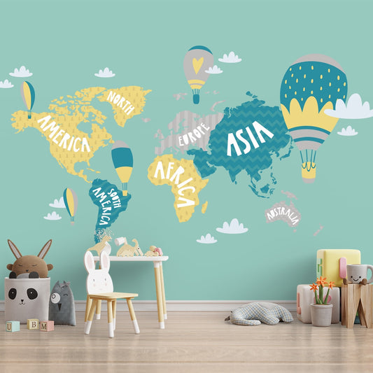 Kids World Map with Continent Names in Big Font, Green