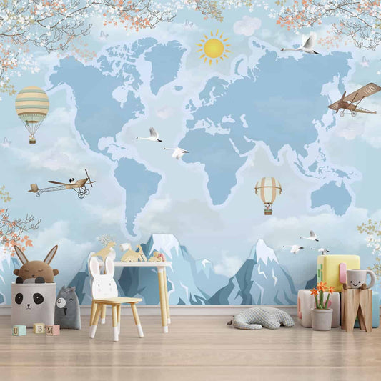 Blue Map Design Wallpaper for Kids Room with Gliders & Hot Air Balloons