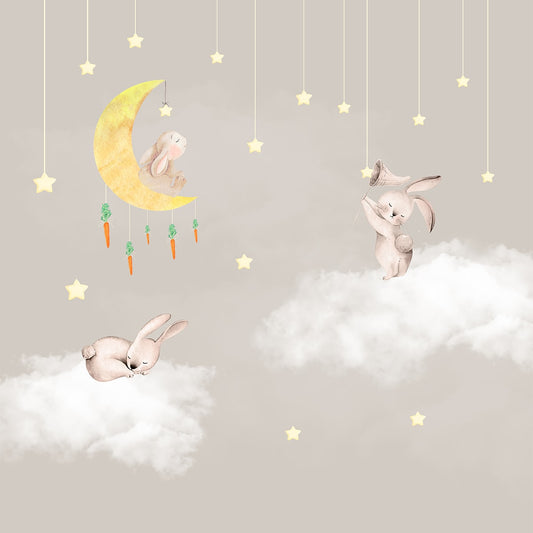 Bunnies in Sky: Kids Room Wallpaper, Beige