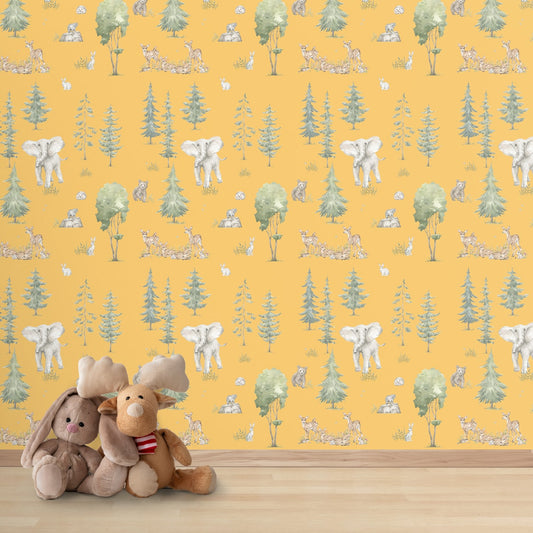 Tales of the Jungle, Repeat Wallpaper Design for Kids, Yellow