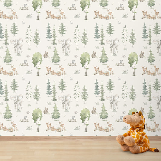 Tales of the Jungle, Repeat Wallpaper Design for Kids, Cream