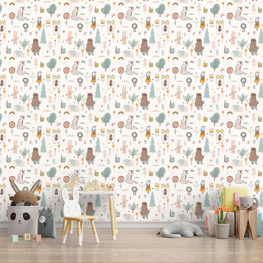 Cuddly Creatures Carousel, Cute Kids Wallpaper Design, Cream