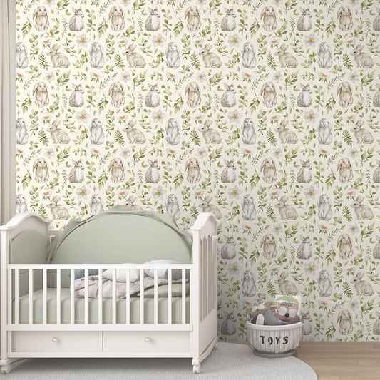 Whimsical Rabbit Retreat Wallpaper for Rooms, Cream