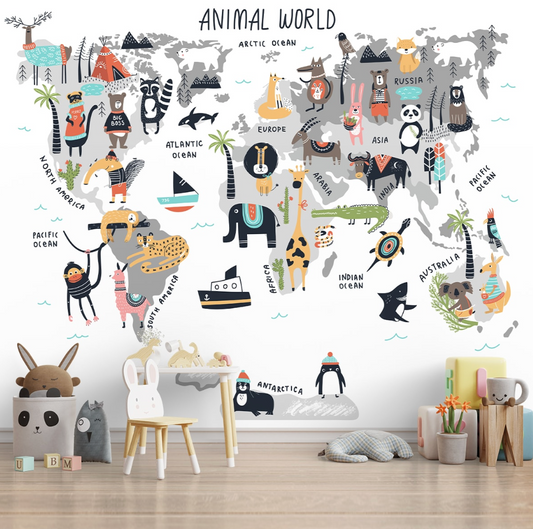 Animals World Map, Cute Kids Room Wallpaper